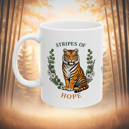 Shop our stripes of hope tiger mug featuring the 15oz style option from MySisterIsASurvivor.