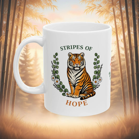 Shop our stripes of hope tiger mug featuring the 15oz style option from MySisterIsASurvivor.