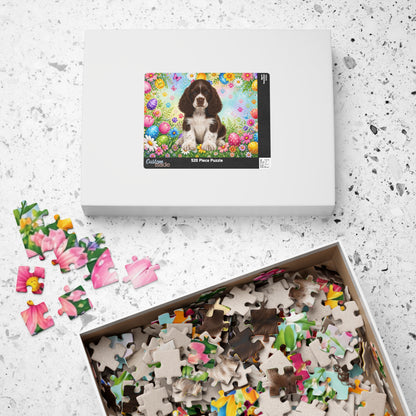 American Cocker Spaniel (Liver & White) Easter Puppy Puzzle - Spring Garden with Eggs, Tulips, and Daisies