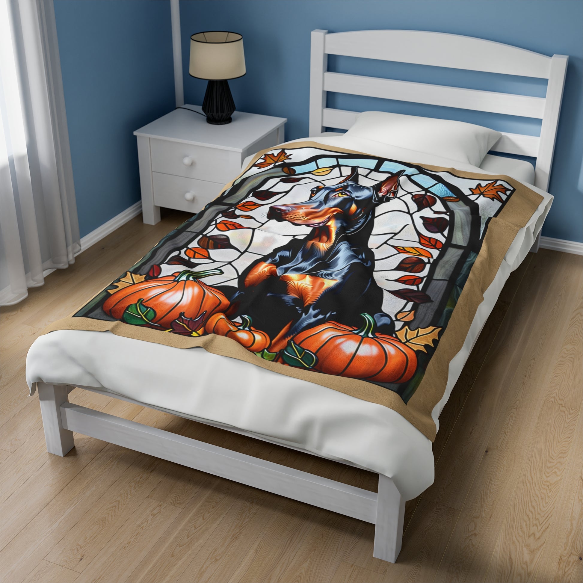 Soft stained glass Doberman blanket in velveteen fabric, thoughtful dog lover gift idea