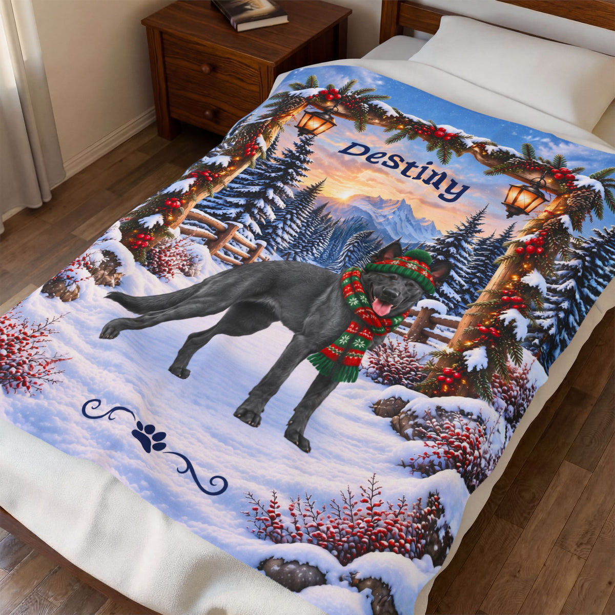 Belgian Malinois (Blue Slate Coat) - Custom Name Woodland Throw, Personalized Winter Dog Dad Blanket
