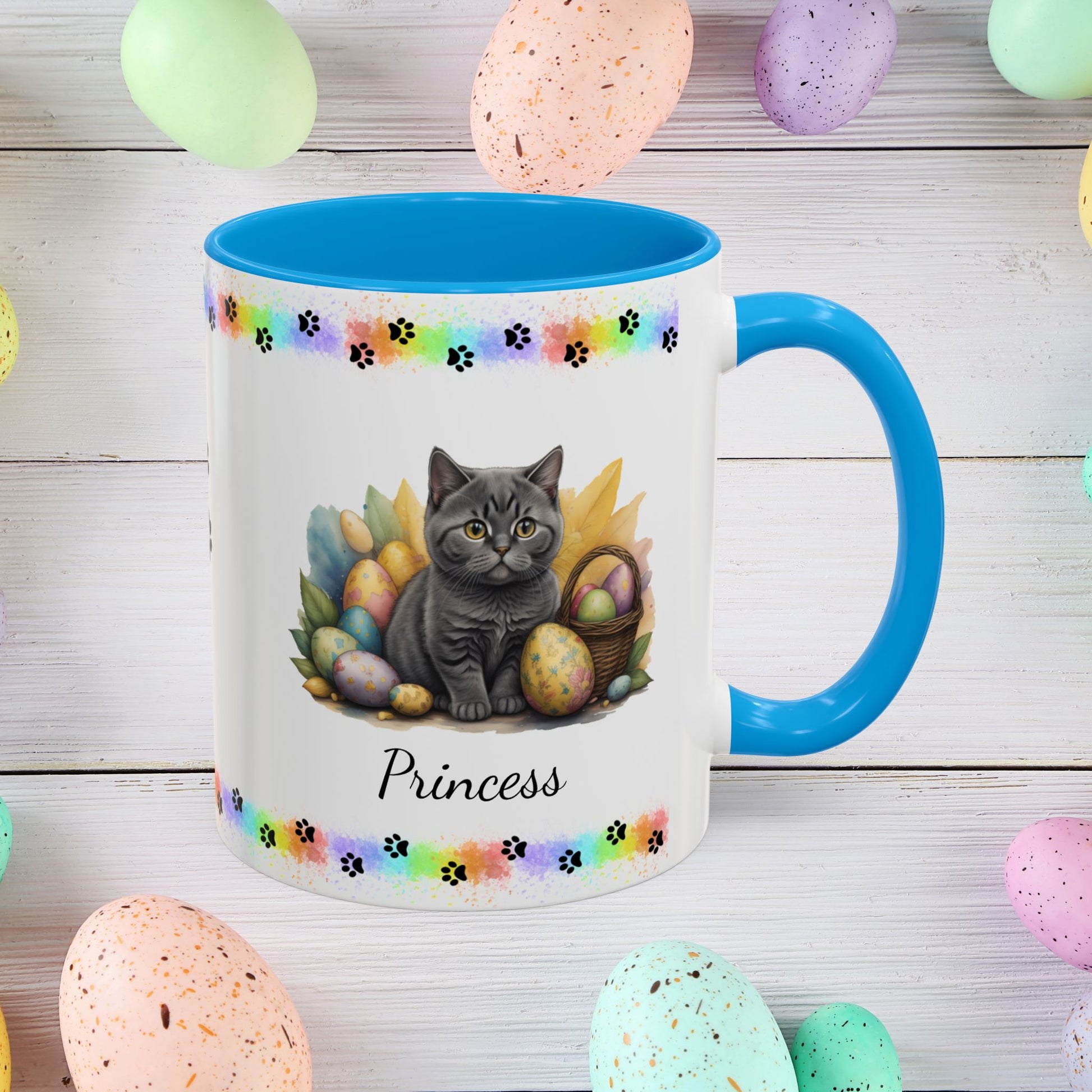 British Shorthair: Personalized Easter Kitten Coffee Mug - Adorable Cat Design, Mental Health Gift, 11oz & 15oz, 12 Color Choices, Easter Gifts & Décor