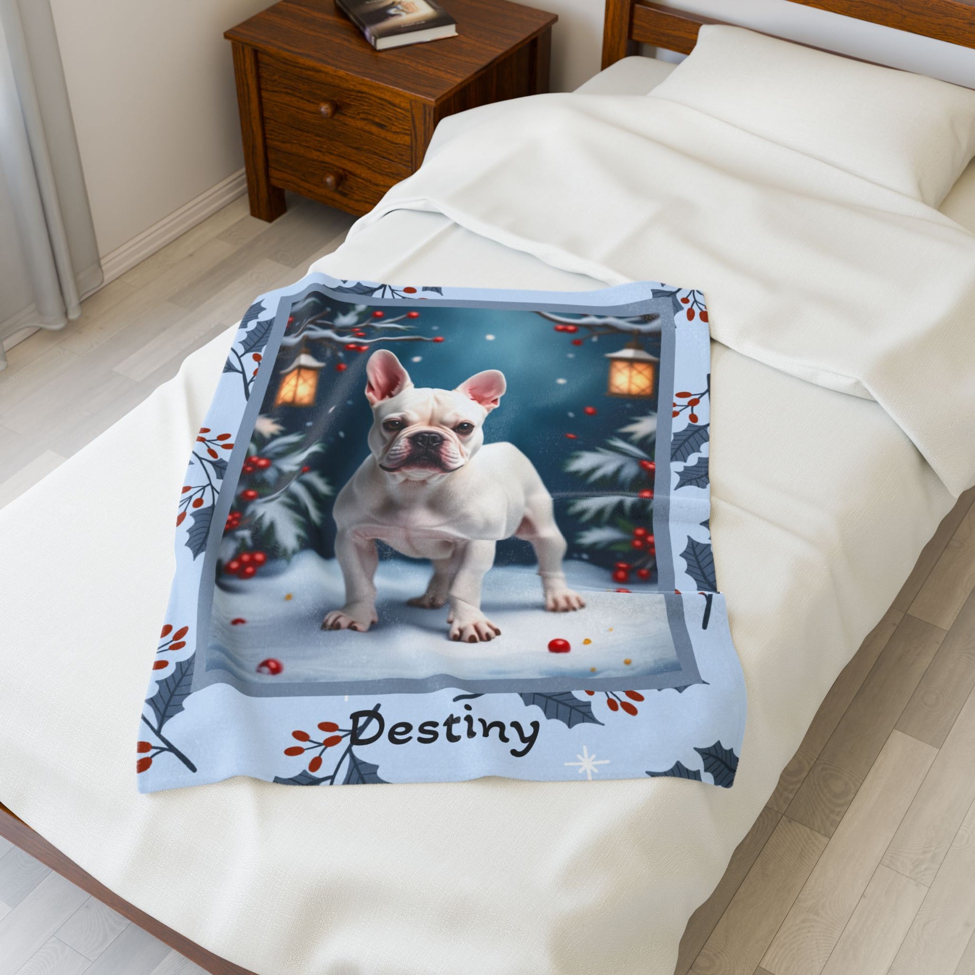 French Bulldog White custom winter blanket featuring a Frenchie in a bright lodge-style winter illustration