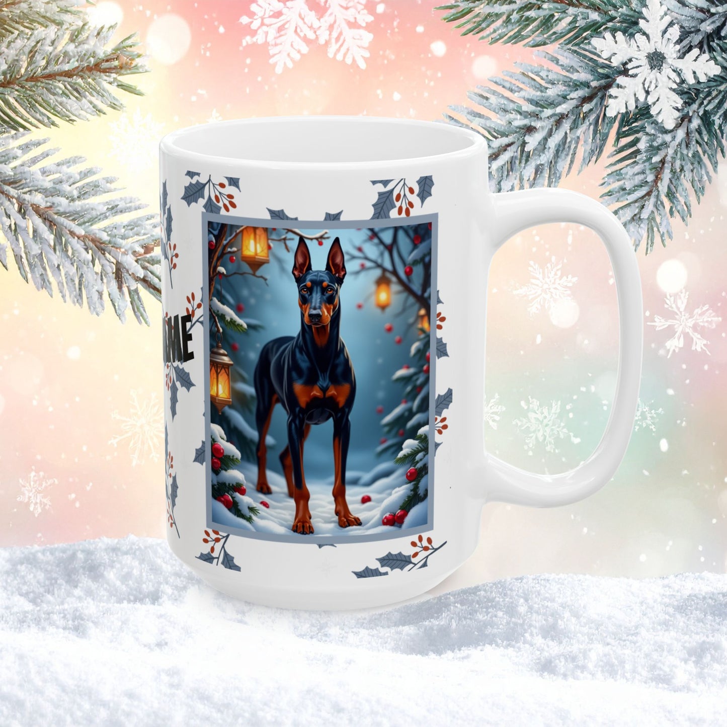 Doberman (Blue & Rust) Winter Mug - blue and rust Doberman artwork standing in a cozy winter setting with snow-covered trees