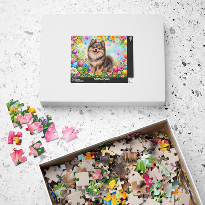 Pomeranian (Chocolate Merle) Easter Puppy Puzzle - Spring Garden with Eggs, Tulips, and Daisies