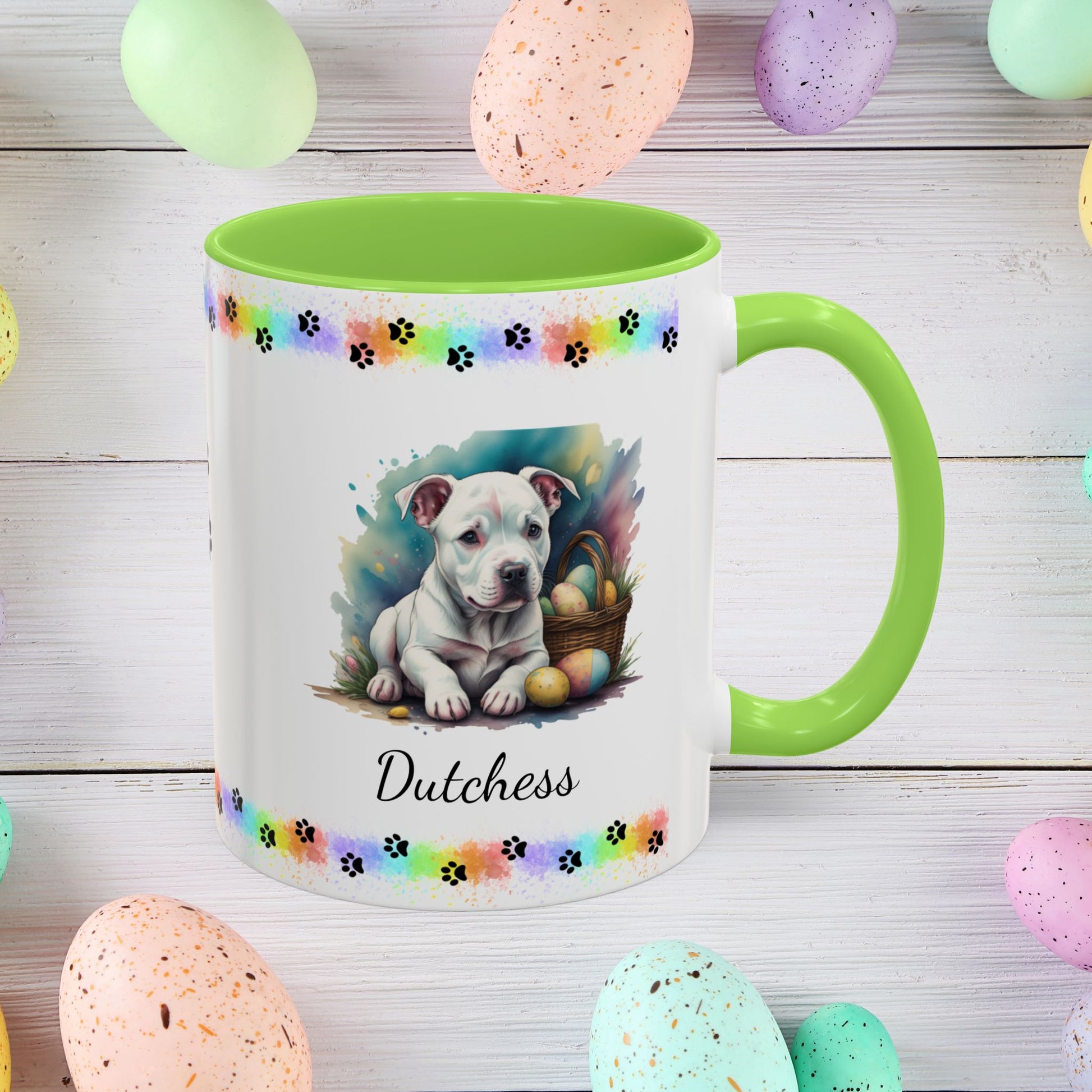 Pitbull (White): Personalized Easter Puppy Coffee Mug - Adorable Dog Design, Mental Health Gift, 11oz & 15oz, 12 Color Choices, Easter Gifts & Décor