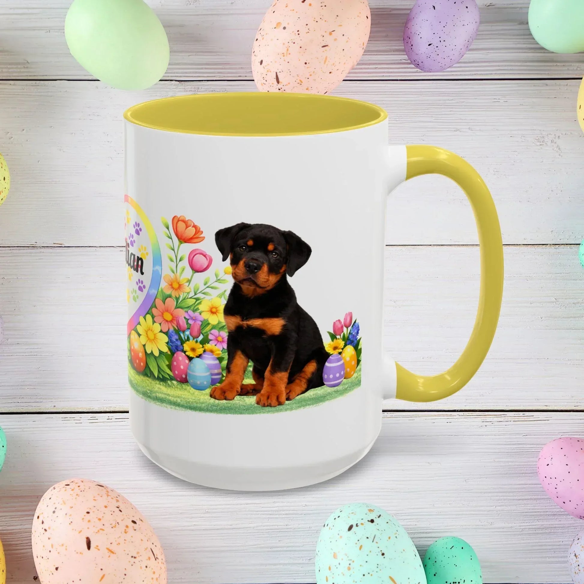 Shop our premium rottweiler black rust puppy easter mug from MySisterIsASurvivor.