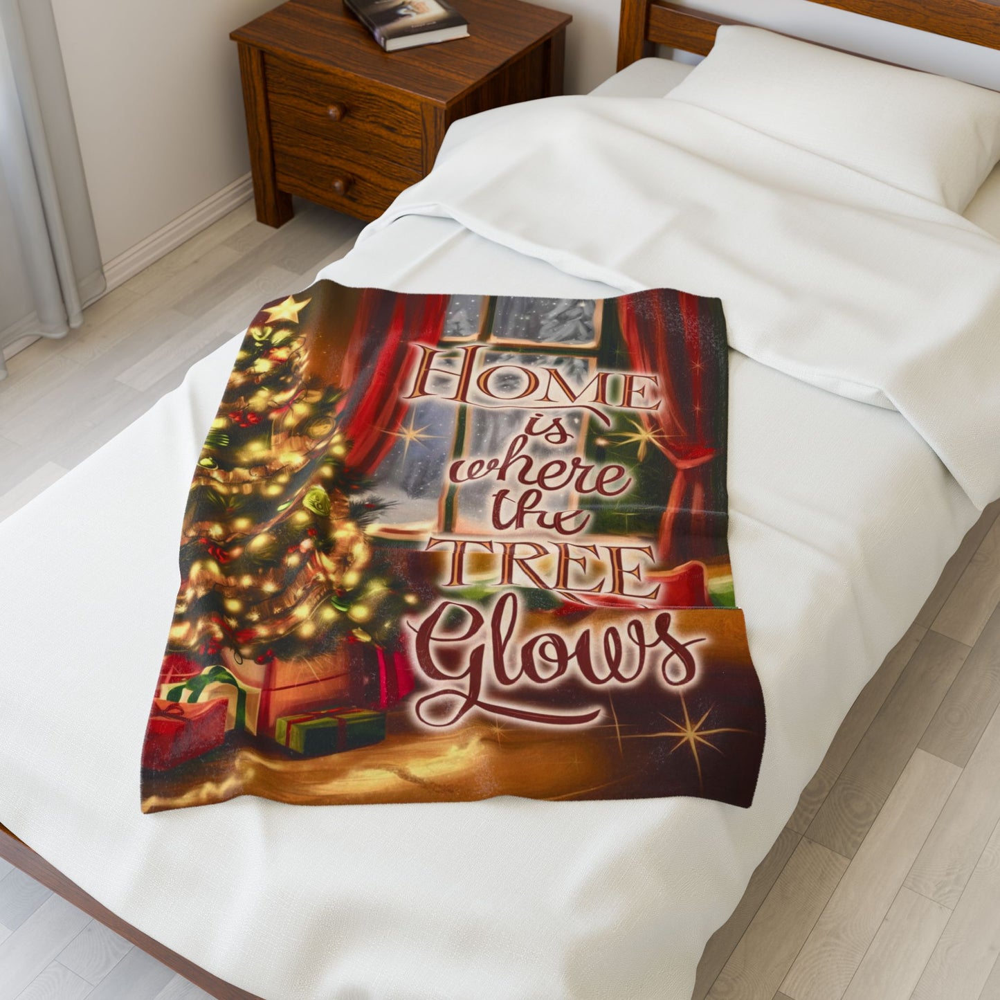 Christmas blanket “Home Is Where the Tree Glows” cozy festive throw with glowing winter design