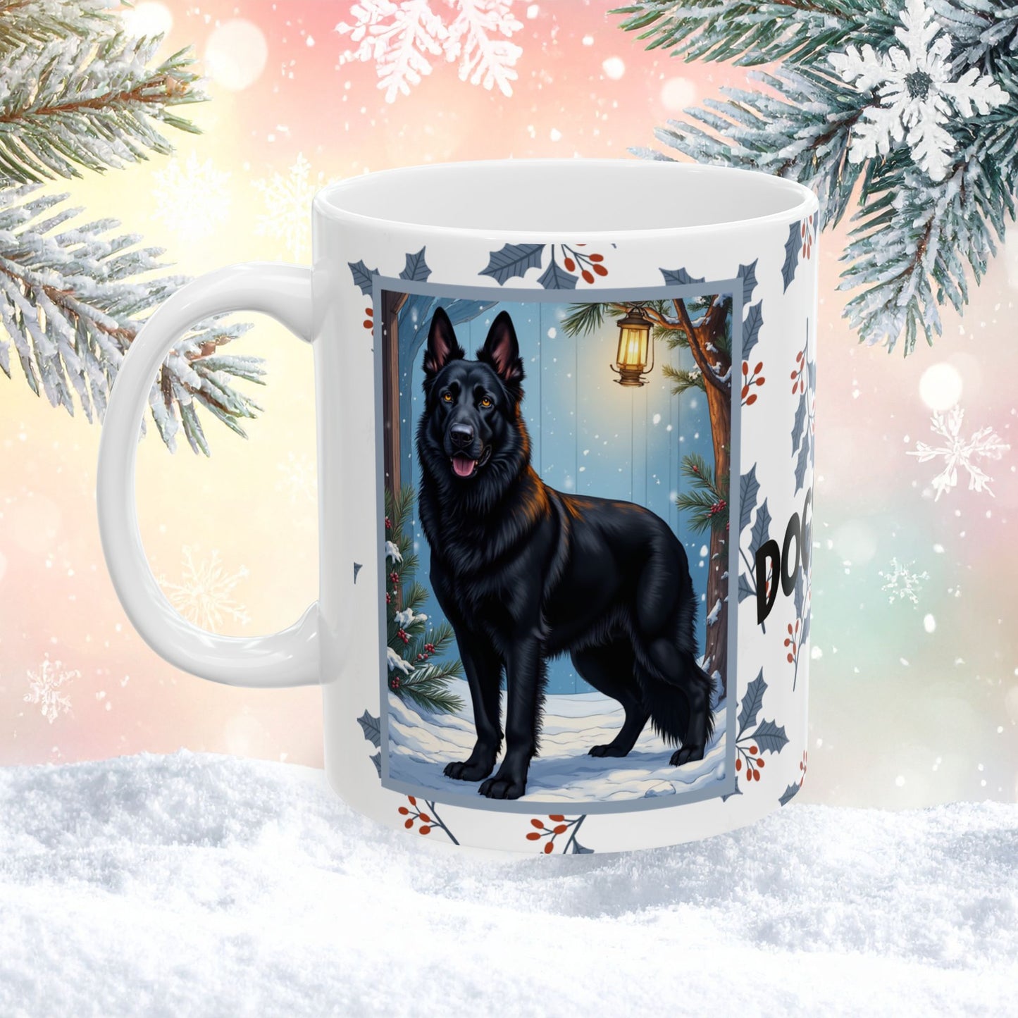 German Shepherd (Black) Winter Mug - black German Shepherd illustrated standing alert in a winter setting with snowy landscape