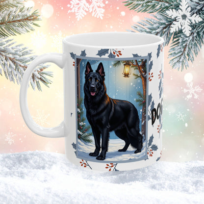 German Shepherd (Black) Winter Mug - black German Shepherd illustrated standing alert in a winter setting with snowy landscape