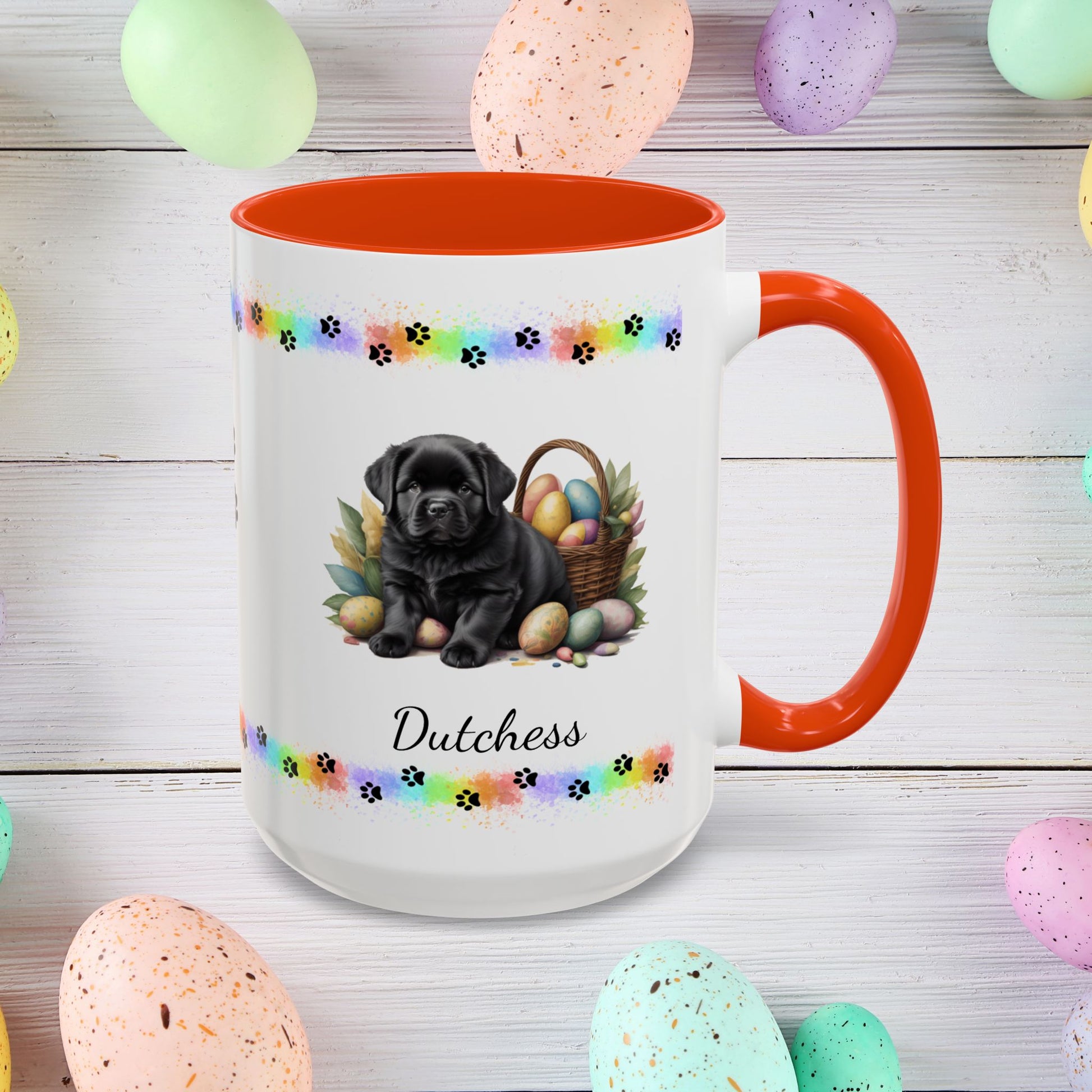Newfoundland (Black): Personalized Easter Puppy Coffee Mug - Adorable Dog Design, Mental Health Gift, 11oz & 15oz, 12 Color Choices, Easter Gifts & Décor