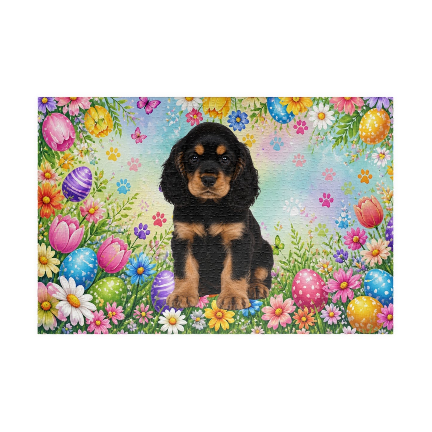 American Cocker Spaniel (Black & Tan) Easter Puppy Puzzle - Spring Garden with Eggs, Tulips, and Daisies
