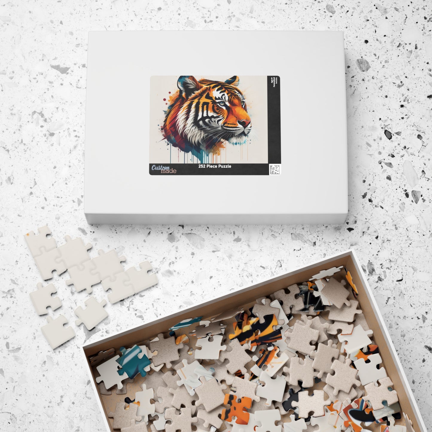 The Tiger Within - Vivid Tiger Portrait Puzzle with Multicolor Paint Splatters on White