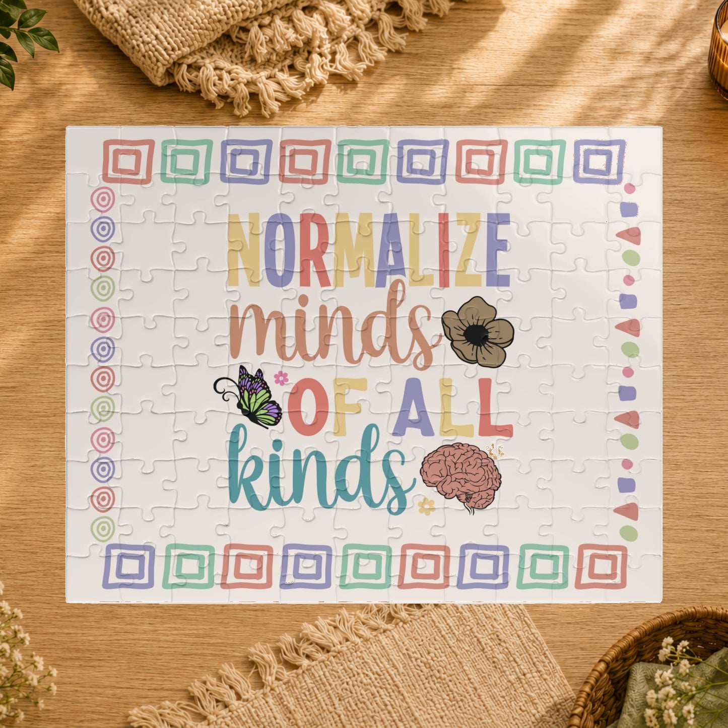 Jigsaw puzzle with colorful text and illustrations on a white background