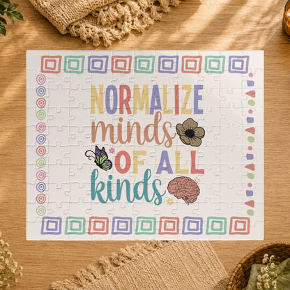 Jigsaw puzzle with colorful text and illustrations on a white background