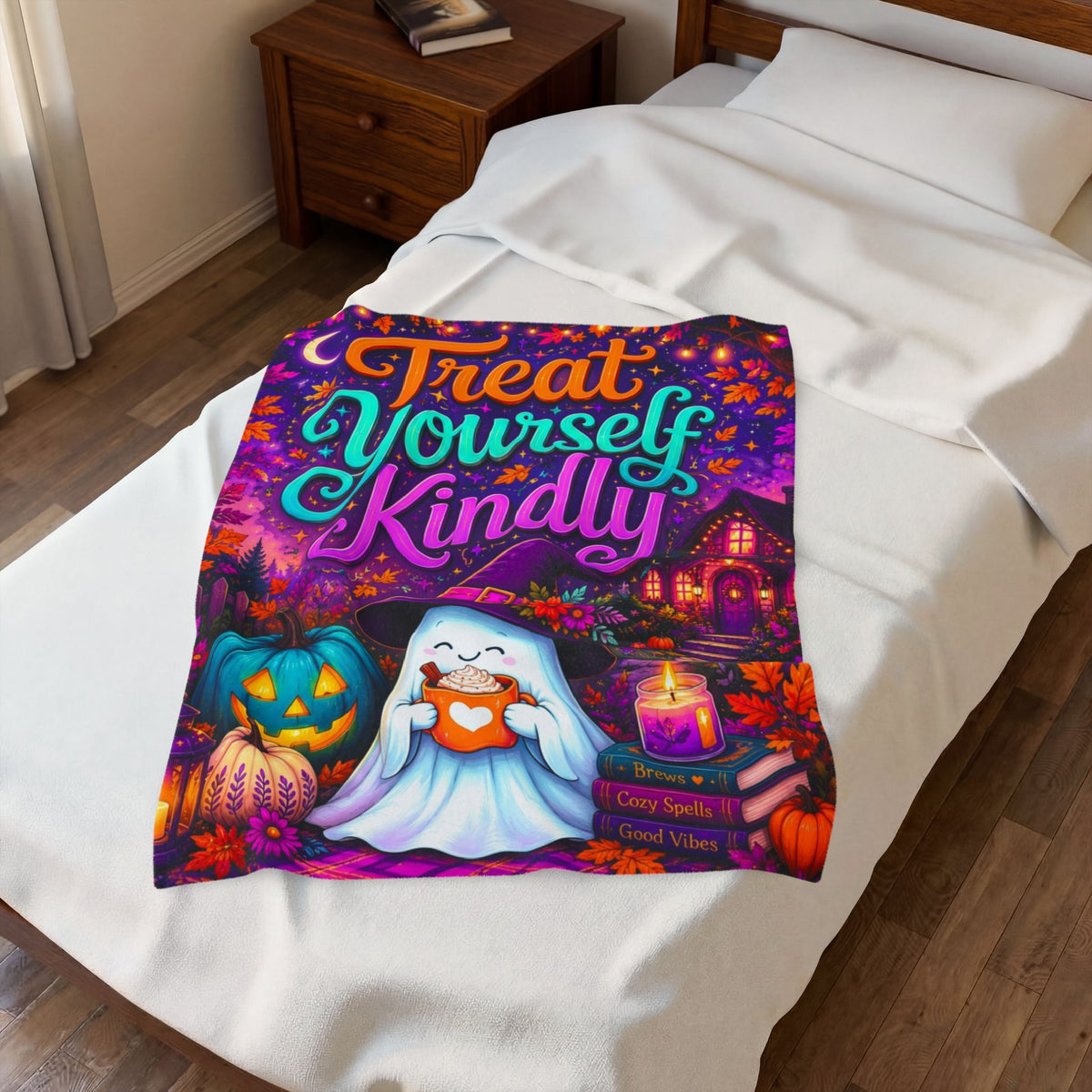 A colorful Halloween-themed blanket with the phrase “Treat Yourself Kindly” in large decorative lettering. The scene shows a smiling ghost in a witch hat holding a mug, surrounded by pumpkins, flowers, a house, candles, and autumn leaves on a purple background.