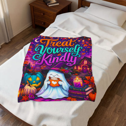 A colorful Halloween-themed blanket with the phrase “Treat Yourself Kindly” in large decorative lettering. The scene shows a smiling ghost in a witch hat holding a mug, surrounded by pumpkins, flowers, a house, candles, and autumn leaves on a purple background.
