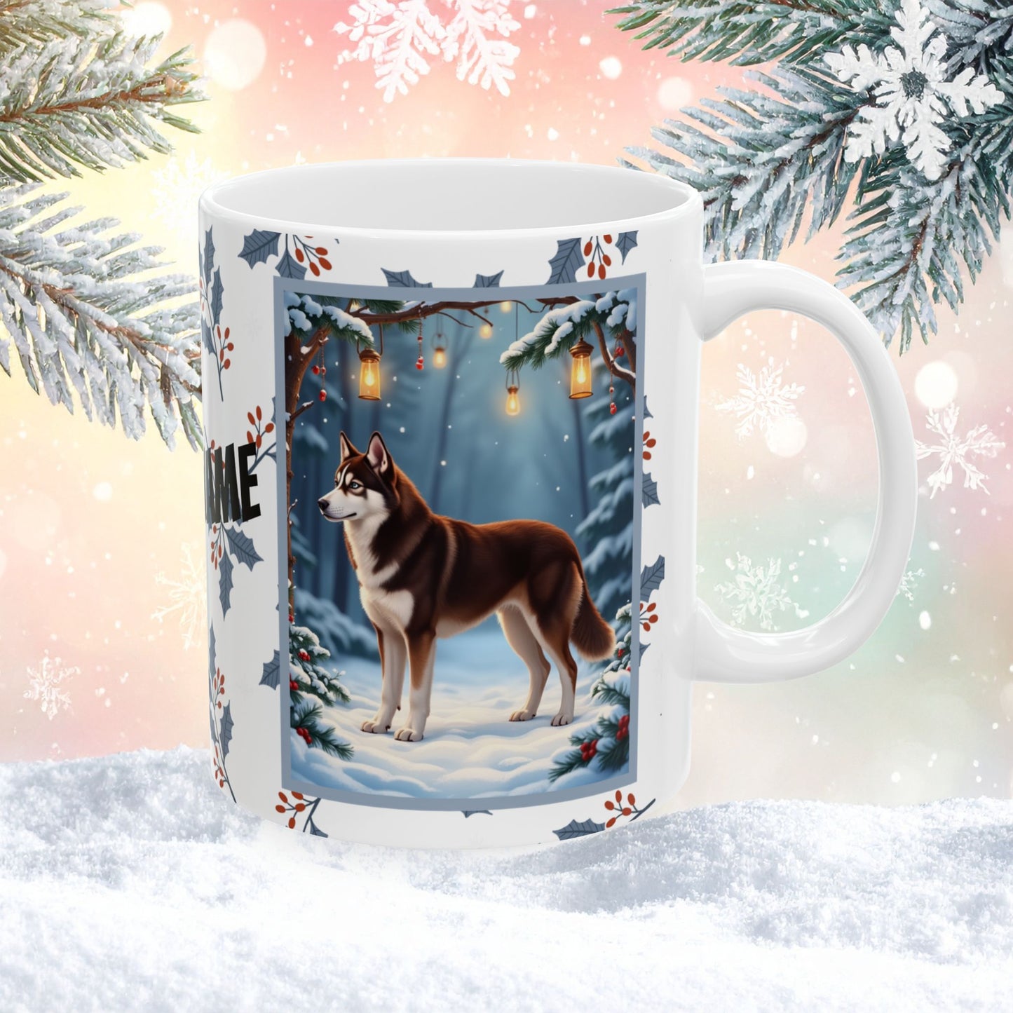 Husky (Chocolate Red) Winter Mug - chocolate red husky artwork standing in a festive winter setting with snow