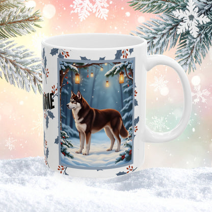Husky (Chocolate Red) Winter Mug - chocolate red husky artwork standing in a festive winter setting with snow