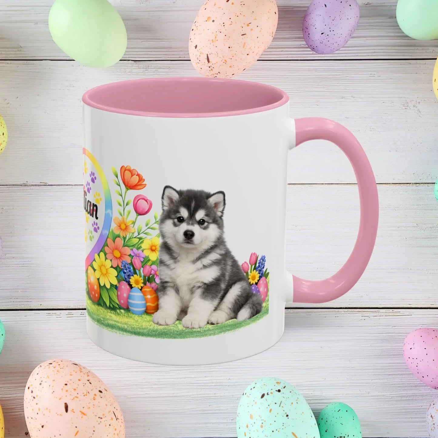 Shop our alaskan malamute blue white puppy easter mug featuring the 11oz style option from MySisterIsASurvivor.