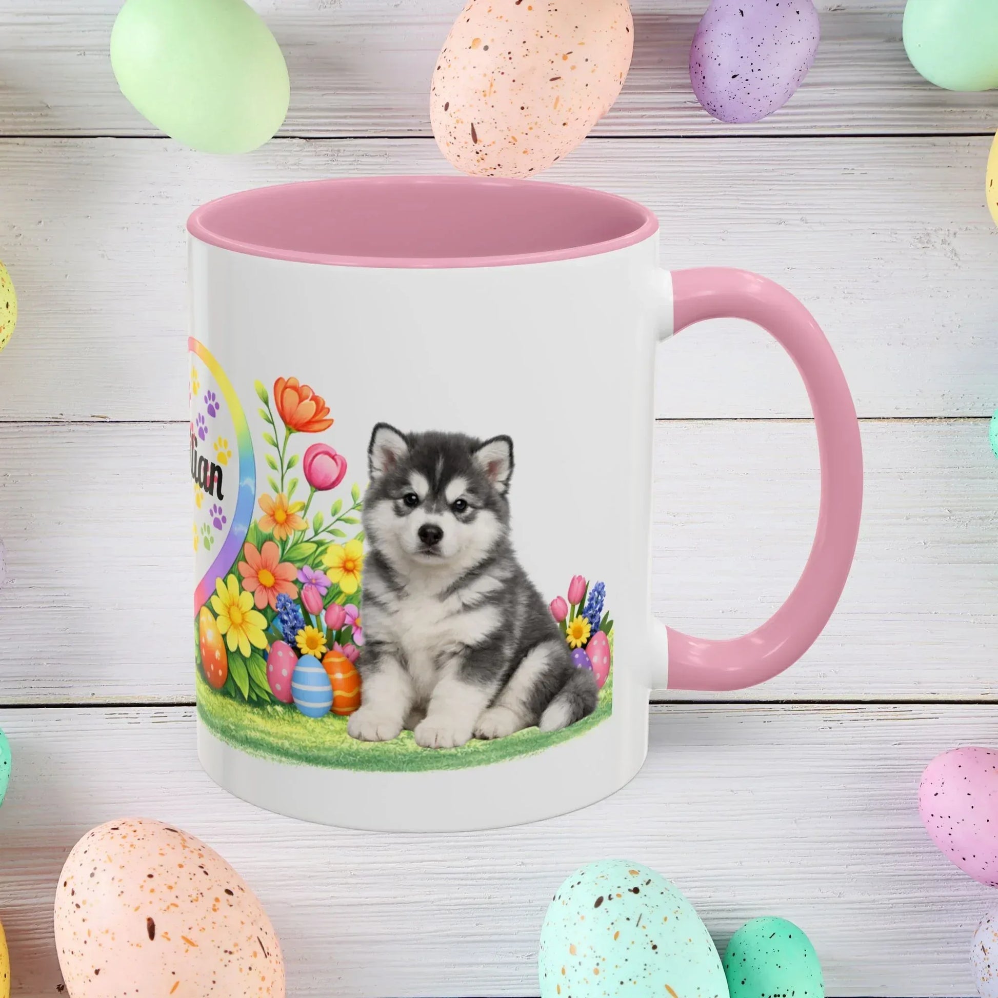 Shop our alaskan malamute blue white puppy easter mug featuring the 11oz style option from MySisterIsASurvivor.
