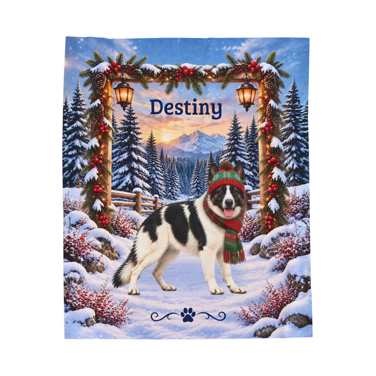 German Shepherd (Black & White Coat) - Personalized Winter Cabin Throw, Custom Name Velveteen Blanket - MySisterIsAsurvor