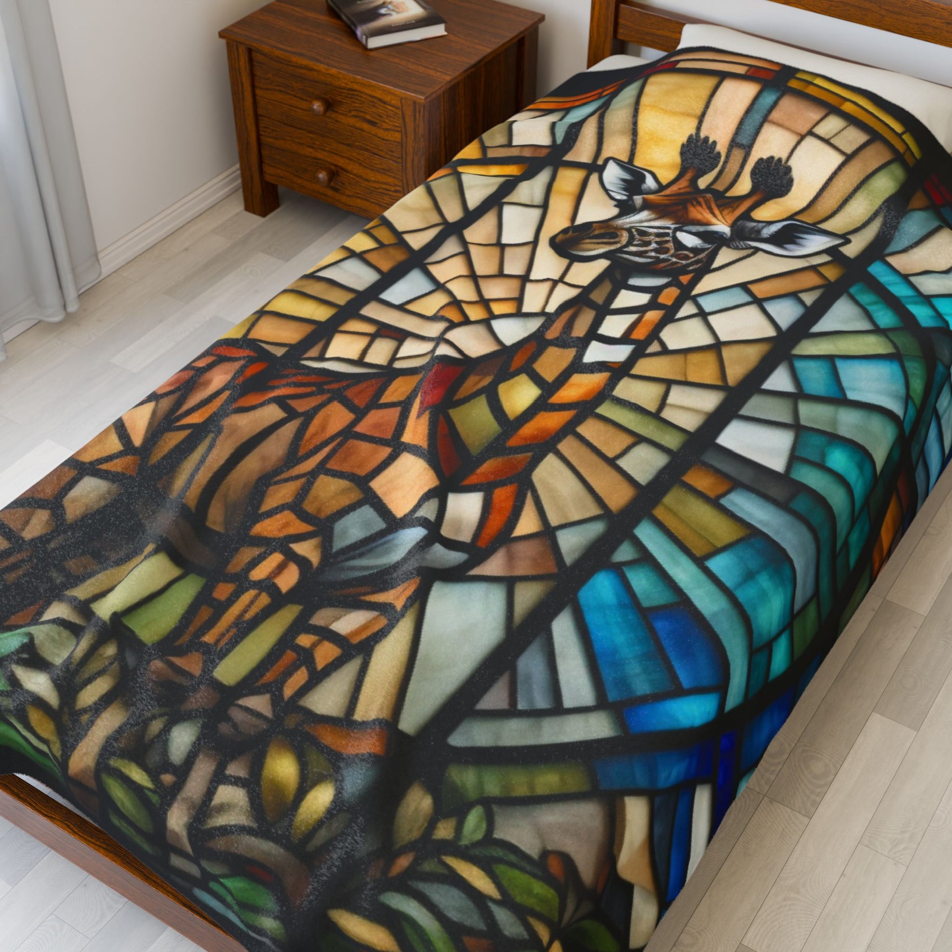 A vibrant giraffe blanket with stained glass-style art that celebrates nature and comfort.