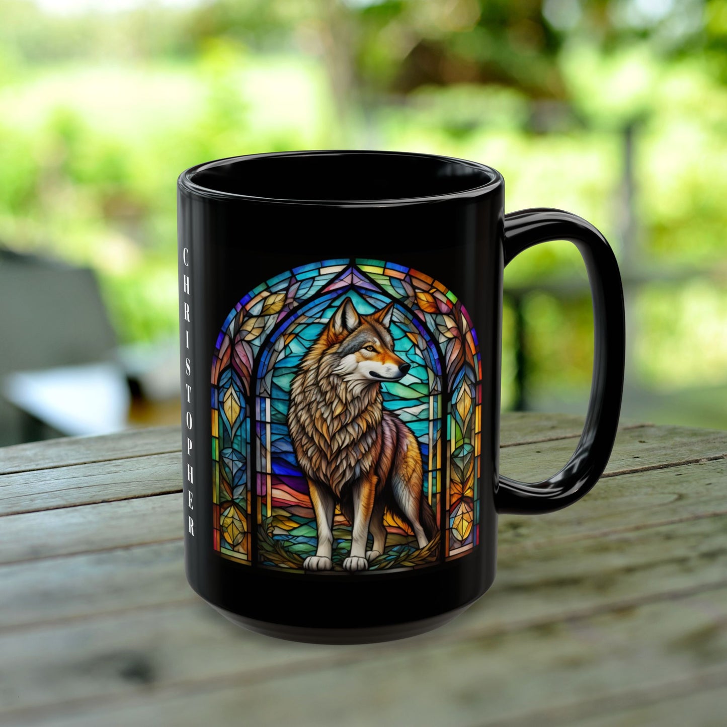 Wolf Personalized Mug, Stained Glass Zoo Animal Design, Unique Ceramic Gift for Wildlife Lovers, Coffee, Tea, & Hot Chocolate Cup