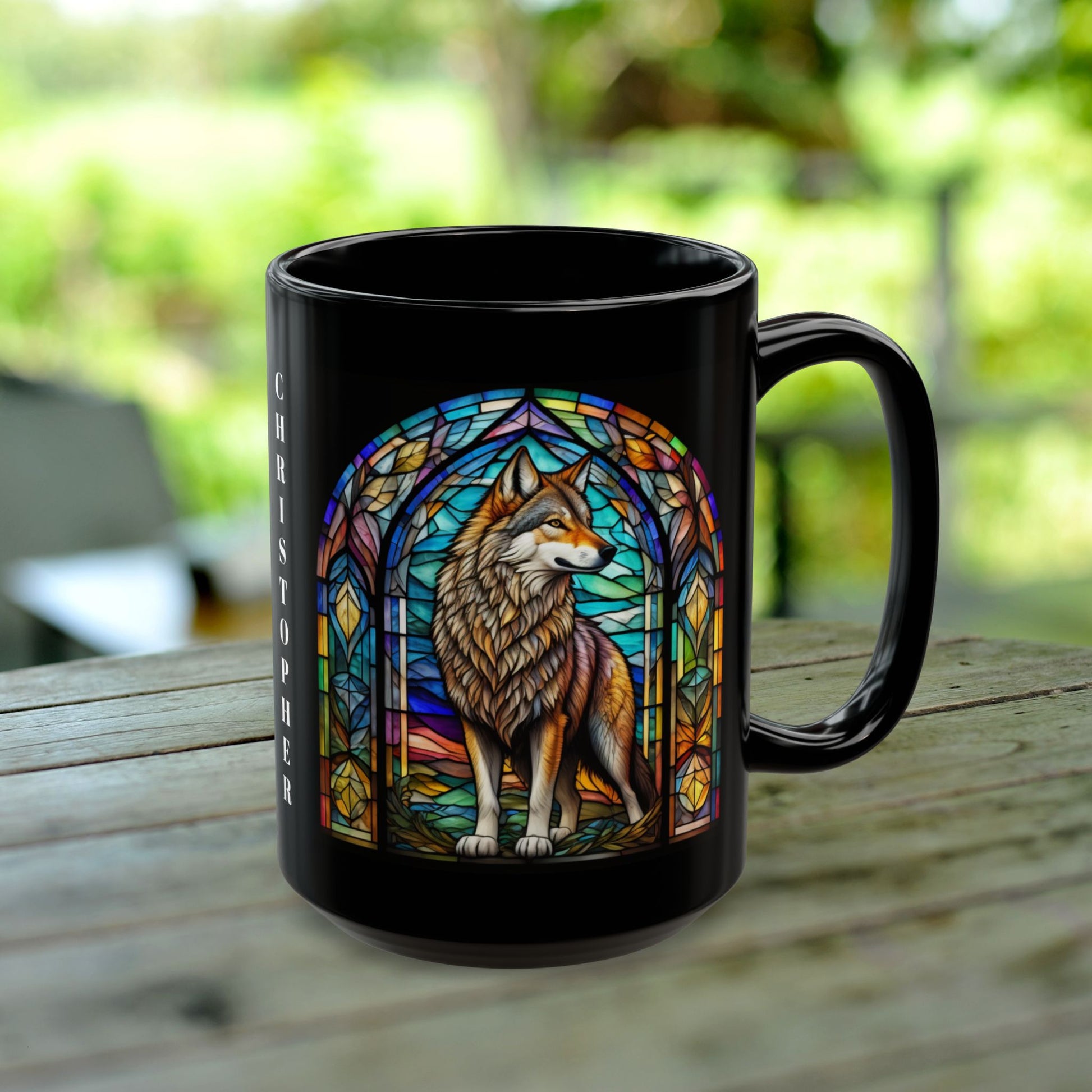 Wolf Personalized Mug, Stained Glass Zoo Animal Design, Unique Ceramic Gift for Wildlife Lovers, Coffee, Tea, & Hot Chocolate Cup