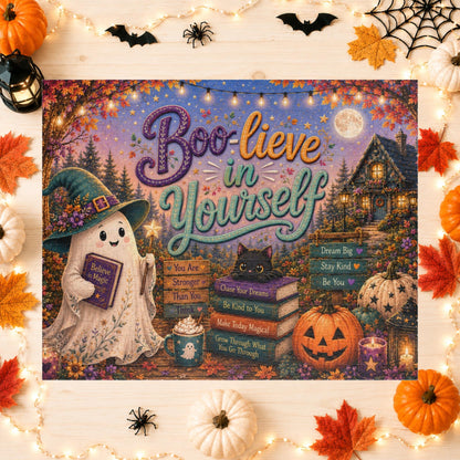 Boo-lieve in Yourself Halloween Puzzle - Ghost with Believe in Magic Book, Black Cat, and Affirmation Books