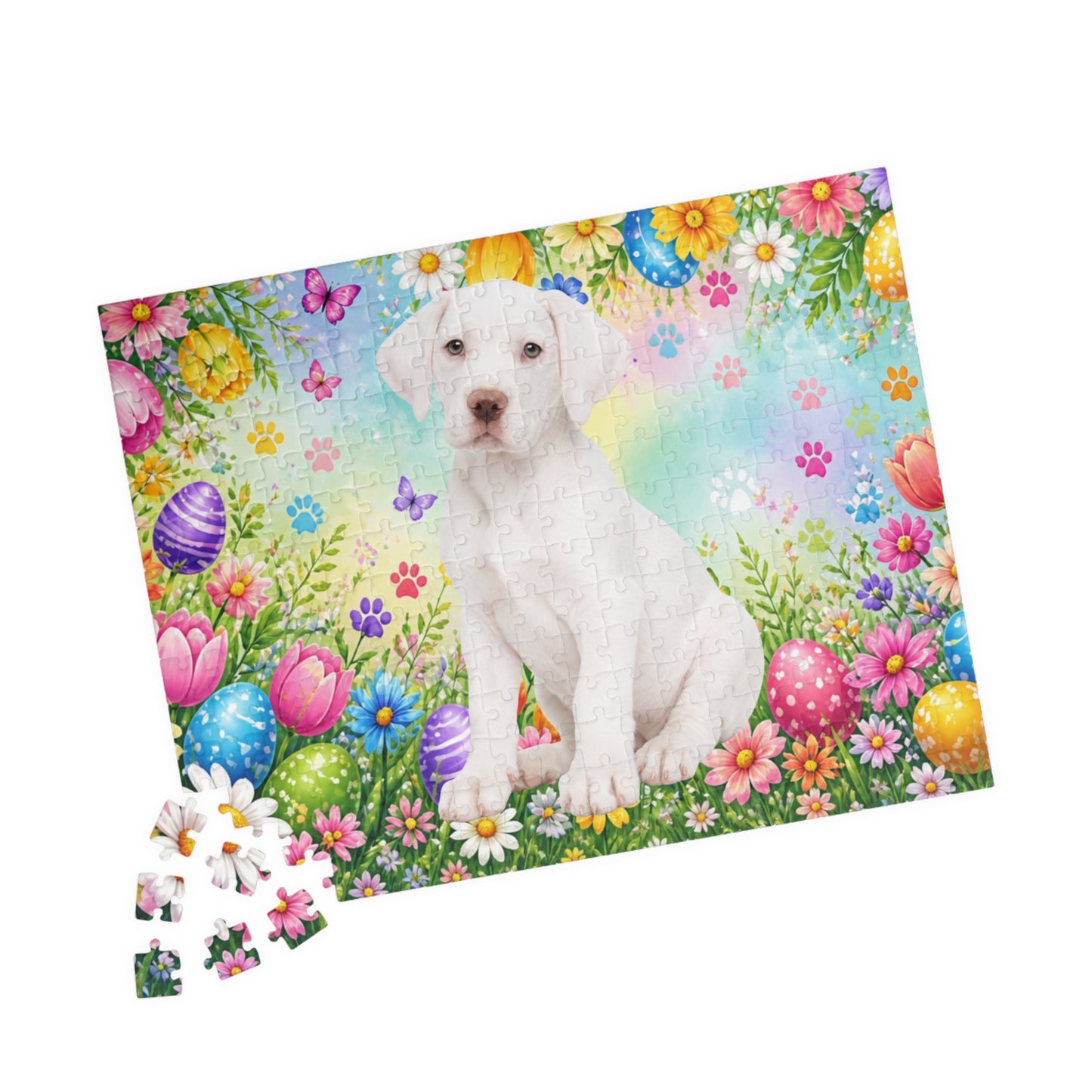 Great Dane (White) Easter Puppy Puzzle - Spring Garden with Eggs, Tulips, and Daisies