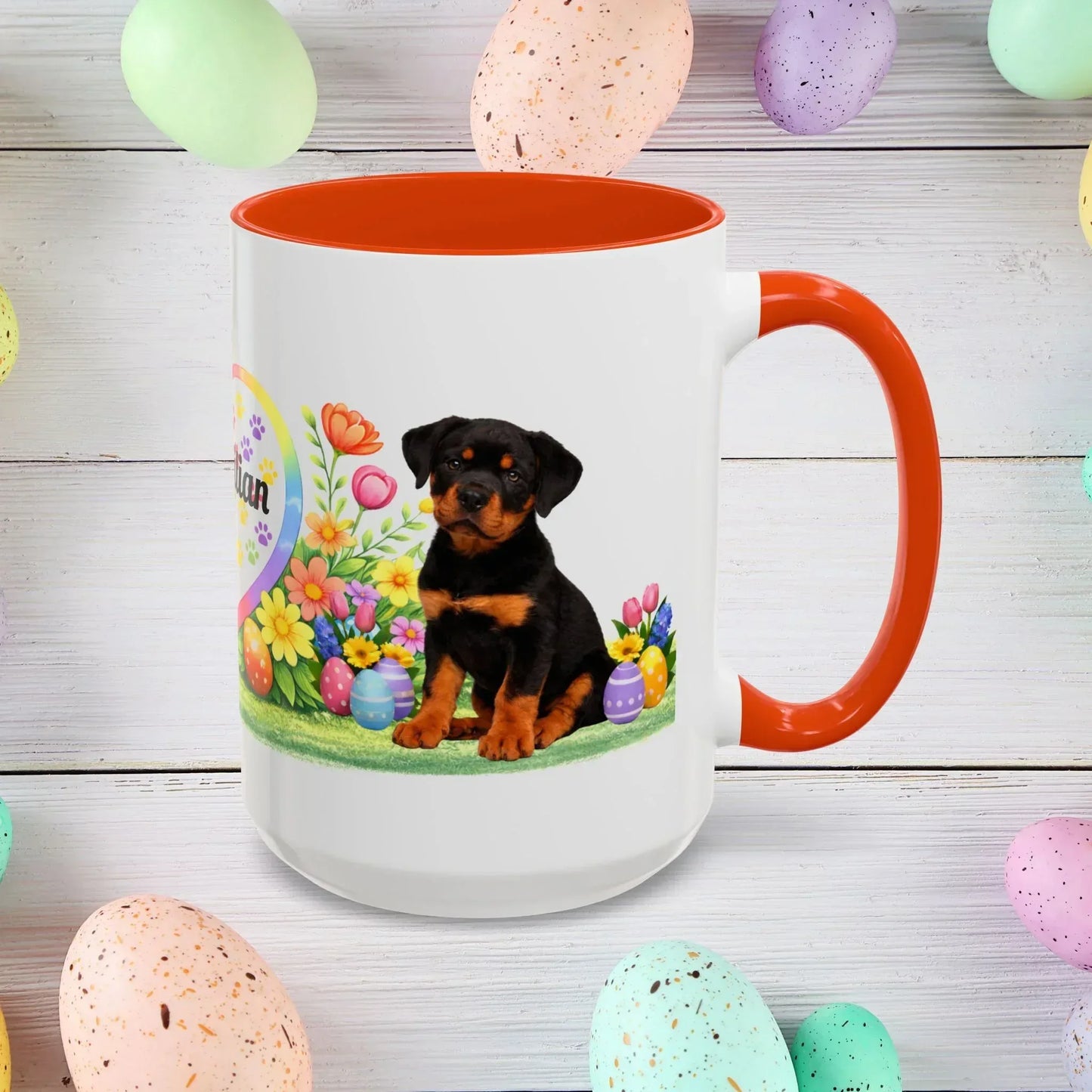 Shop our rottweiler black rust puppy easter mug featuring the 15oz style option from MySisterIsASurvivor.