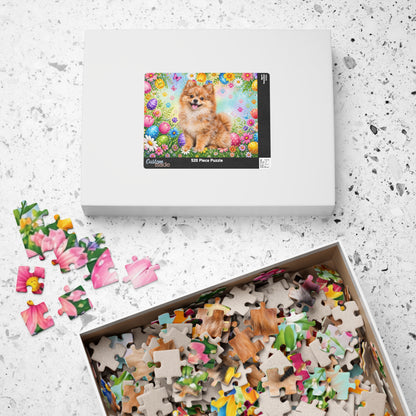 Pomeranian (Orange Merle) Easter Puppy Puzzle - Spring Garden with Eggs, Tulips, and Daisies