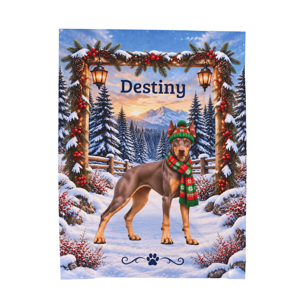 Doberman (Red Fawn Coat) - Personalized Winter Blanket, Snowy Woodland Velveteen Throw