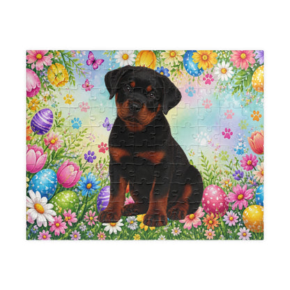 Rottweiler (Black & Mahogany) Easter Puppy Puzzle - Spring Garden with Eggs and Wildflowers