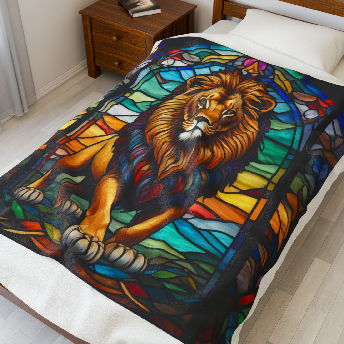 A bold lion blanket in stained glass design, combining wildlife strength with soft serenity.