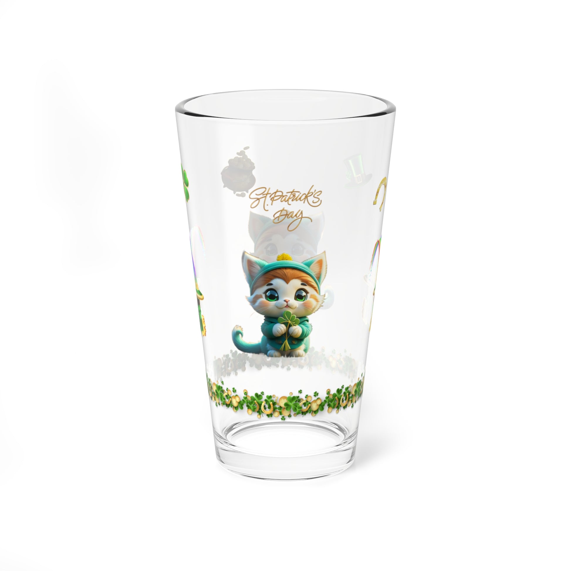 Serene Shamrock Kitty: Mindful St. Patrick's Day 16oz Pint Glasses - Festive Design for Positivity & Wellness