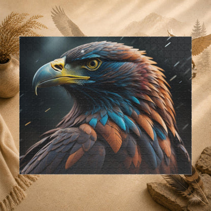 Eagle's Inspiration - Naturalistic Eagle Portrait Puzzle with Warm Brown Feathers and Stormy Background