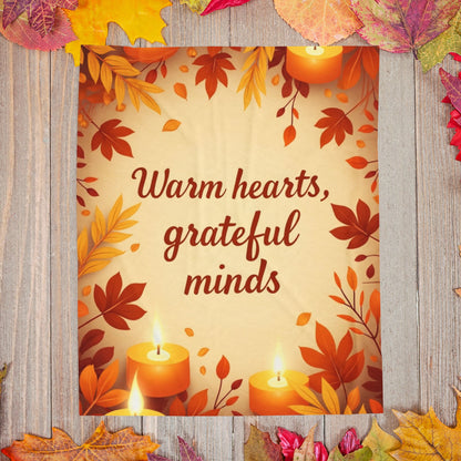 Cozy fall blanket with “Warm Hearts, Grateful Minds,” mindfulness-inspired autumn home décor.