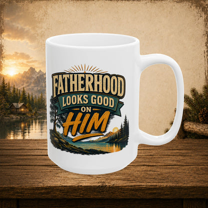 Fatherhood looks good on him personalized mug, fun Father’s Day gift for dad