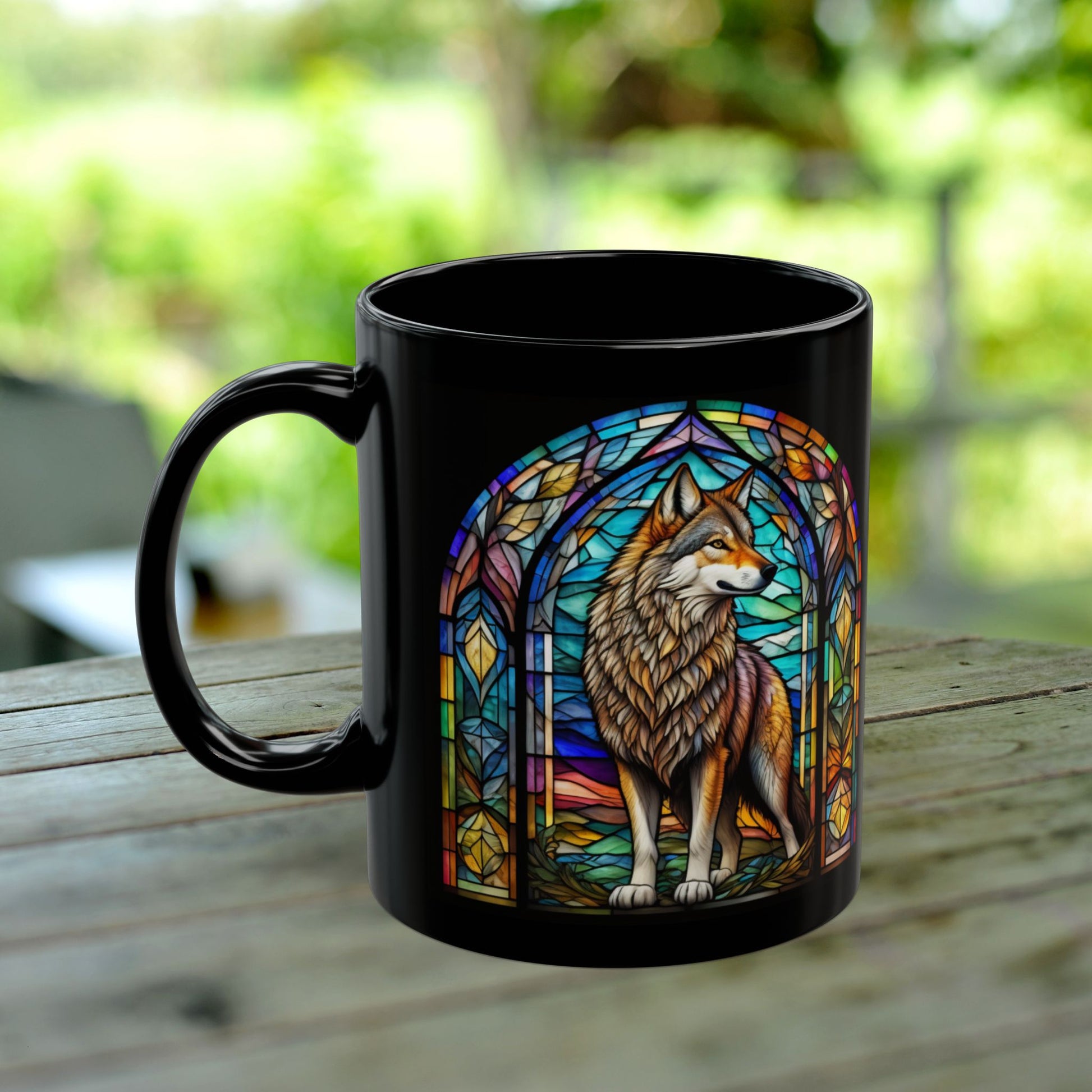 Wolf Personalized Mug, Stained Glass Zoo Animal Design, Unique Ceramic Gift for Wildlife Lovers, Coffee, Tea, & Hot Chocolate Cup
