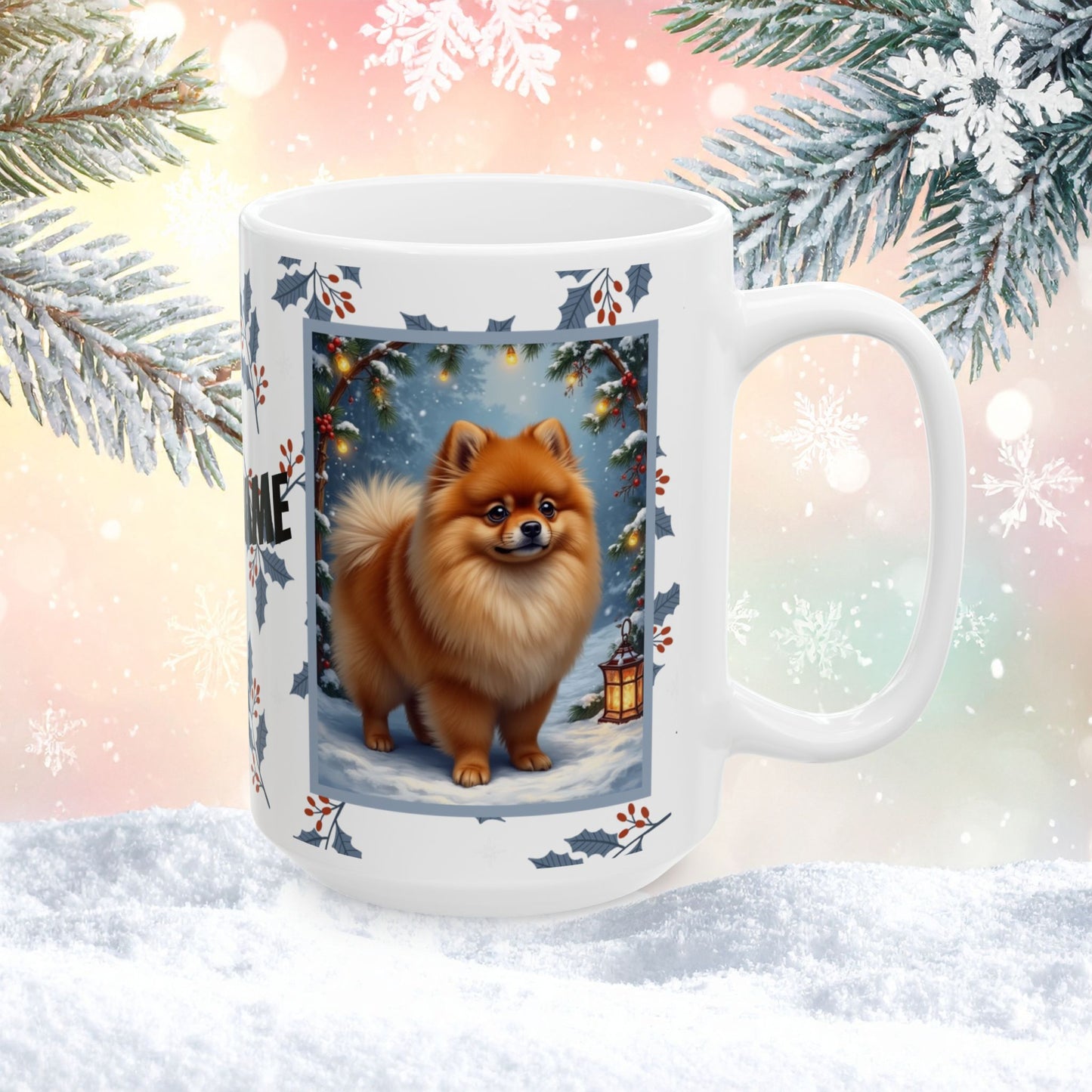 Pomeranian (Orange) Winter Mug - orange pomeranian artwork standing in a cozy winter setting with snow
