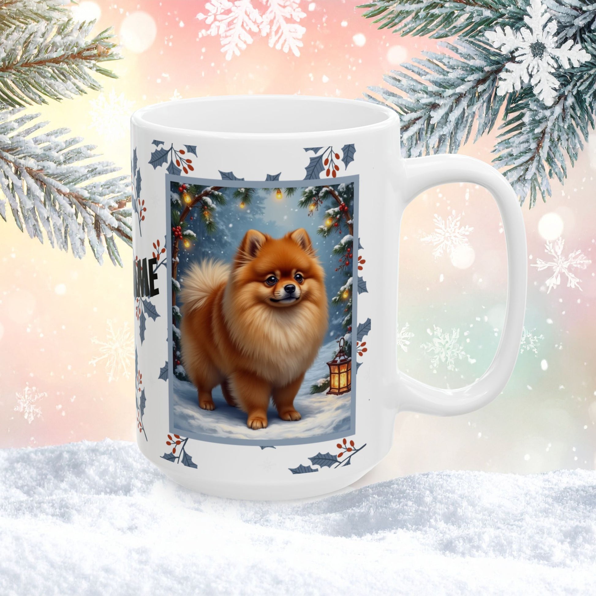 Pomeranian (Orange) Winter Mug - orange pomeranian artwork standing in a cozy winter setting with snow