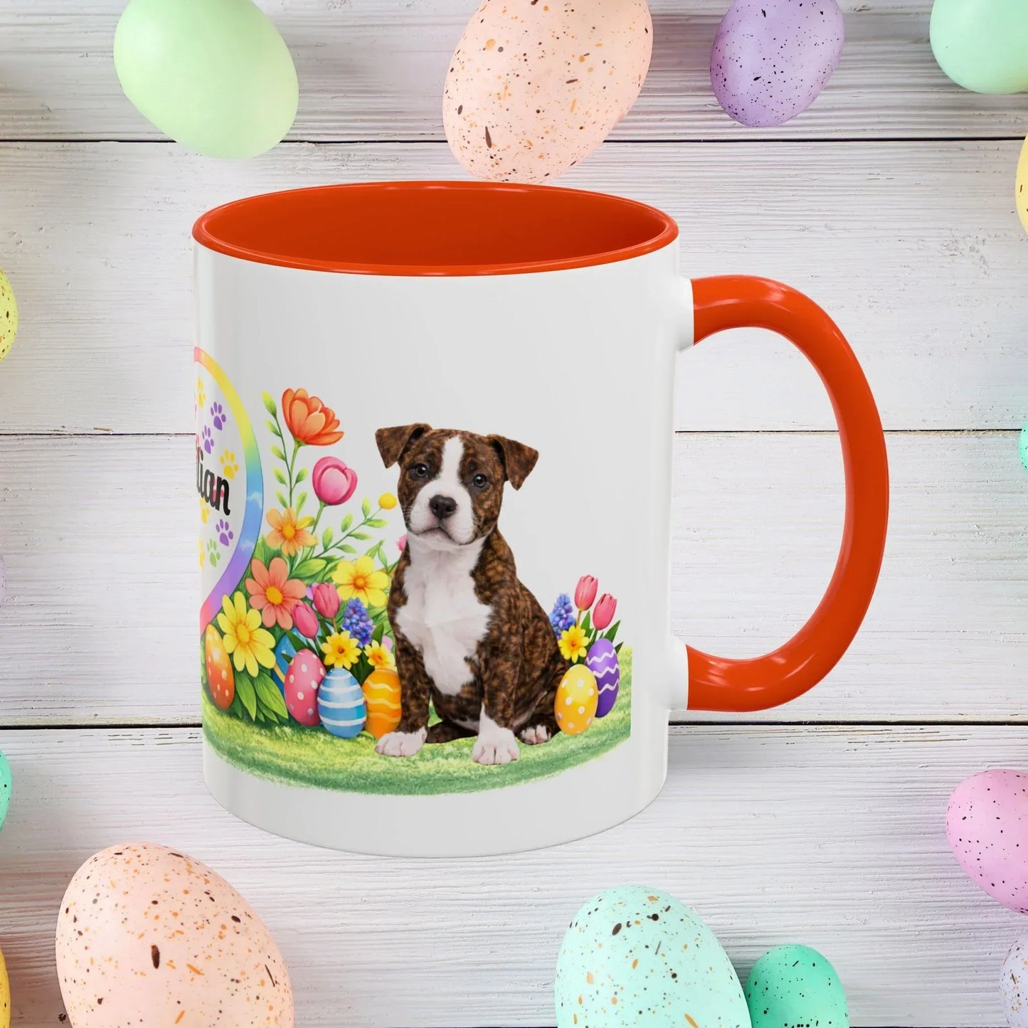 Shop our pitbull brindle white puppy easter mug featuring the 11oz style option from MySisterIsASurvivor.