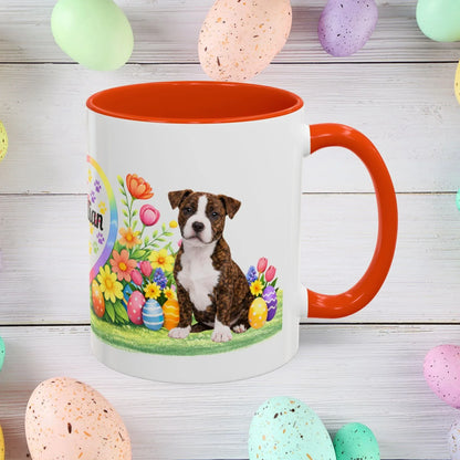 Shop our pitbull brindle white puppy easter mug featuring the 11oz style option from MySisterIsASurvivor.