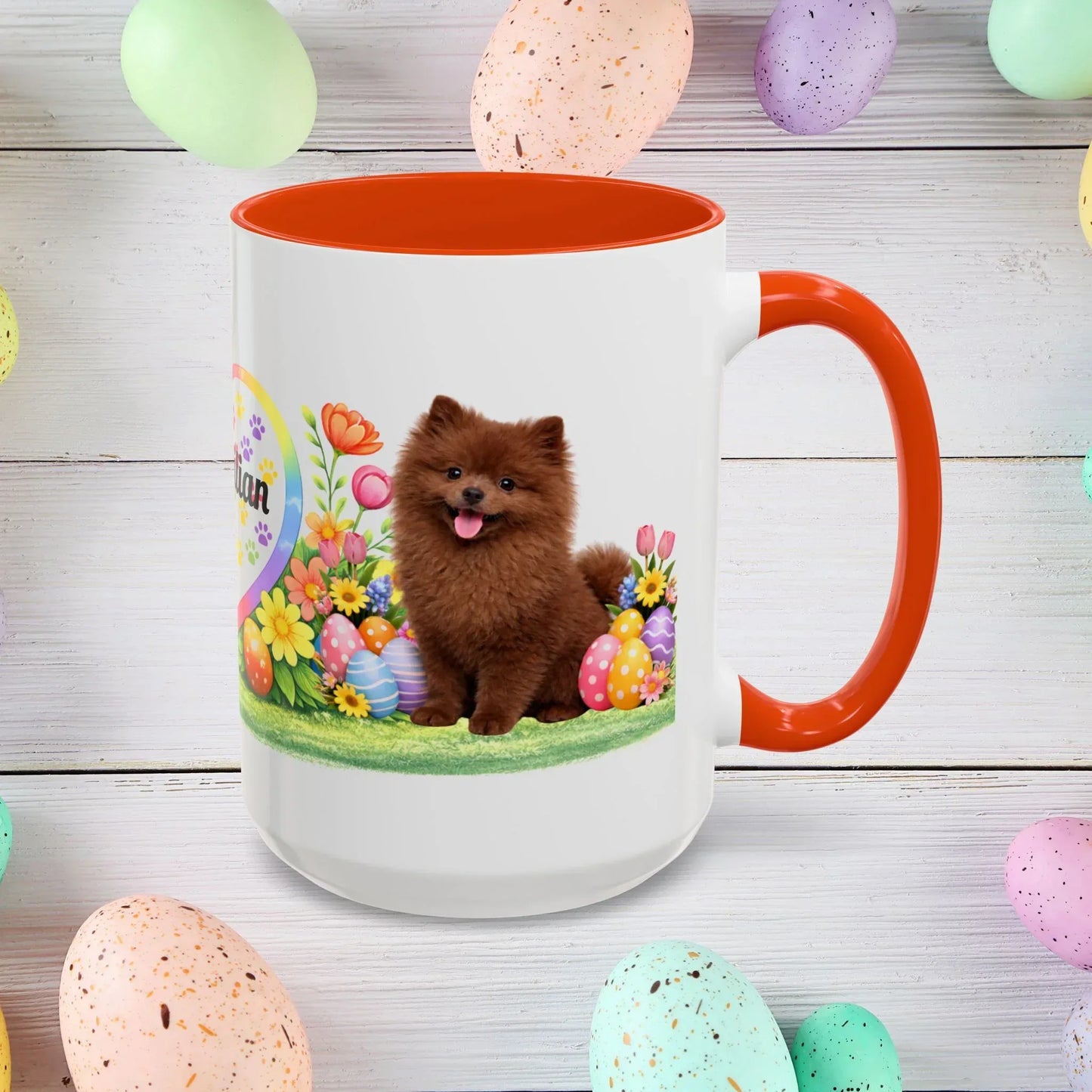 Shop our pomeranian chocolate puppy easter mug featuring the 15oz style option from MySisterIsASurvivor.