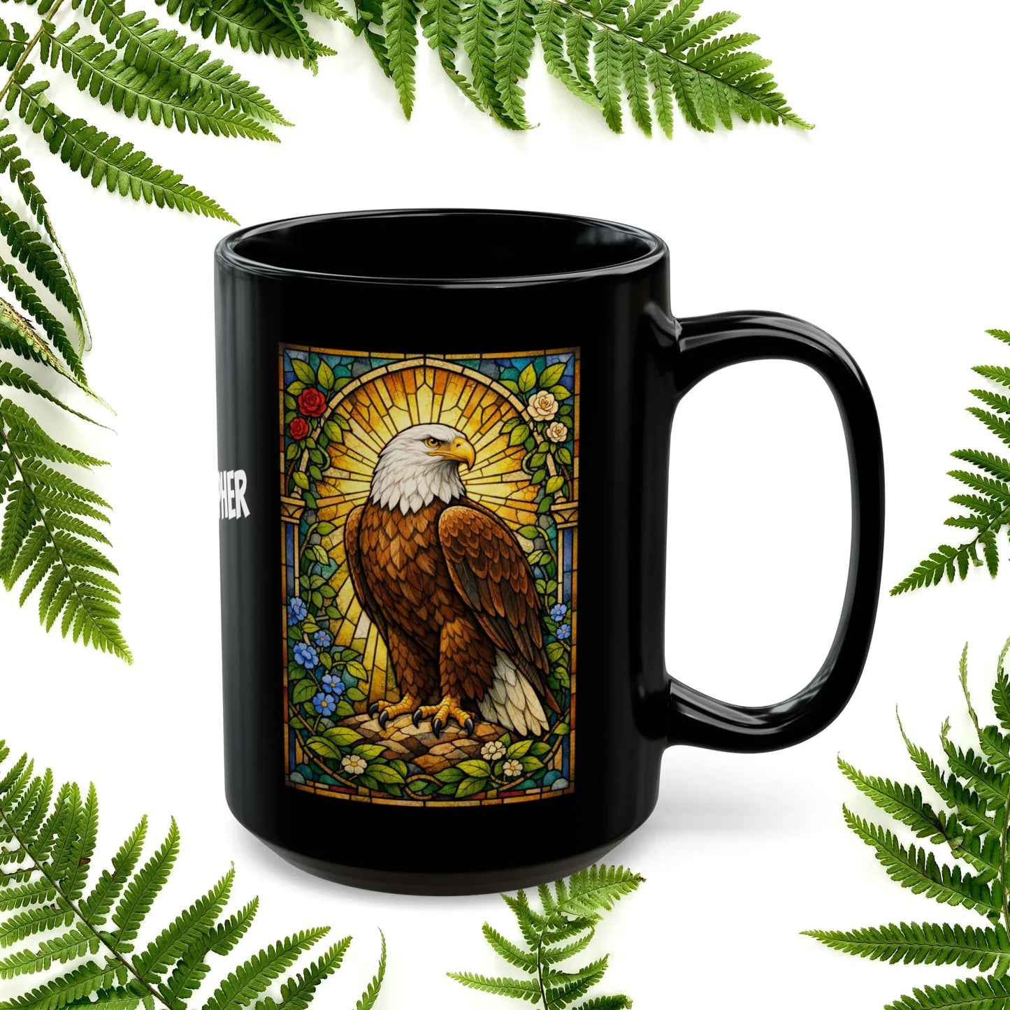 Shop our premium eagle stained glass style black mug from MySisterIsASurvivor.