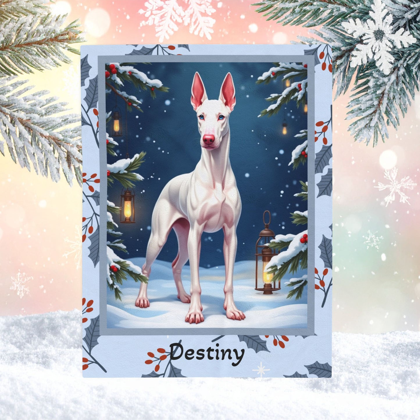 Doberman White personalized winter Doberman blanket with crisp white coat artwork in a cozy winter lodge scene