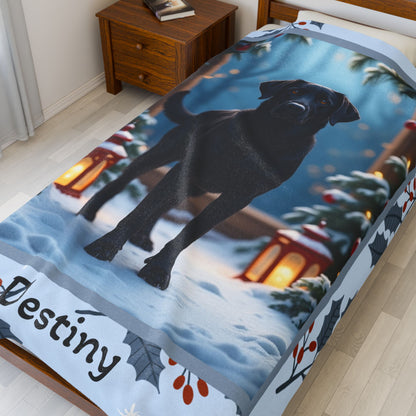 Labrador Retriever Black custom winter blanket featuring a loyal Lab in a bright lodge-style snowy illustration