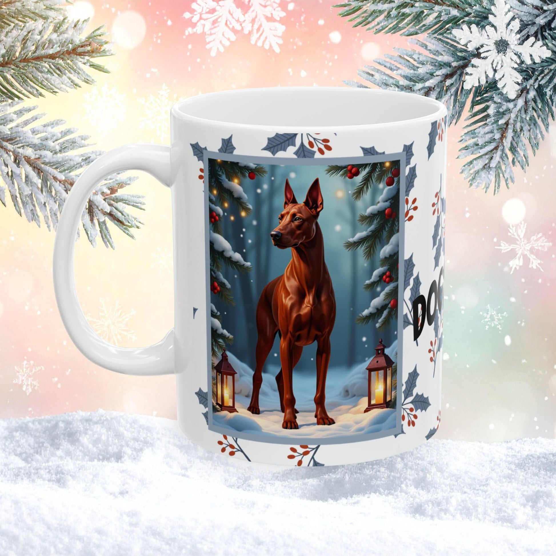 Doberman (Red) Winter Mug - red Doberman illustrated standing calmly in a serene winter scene with snowy background